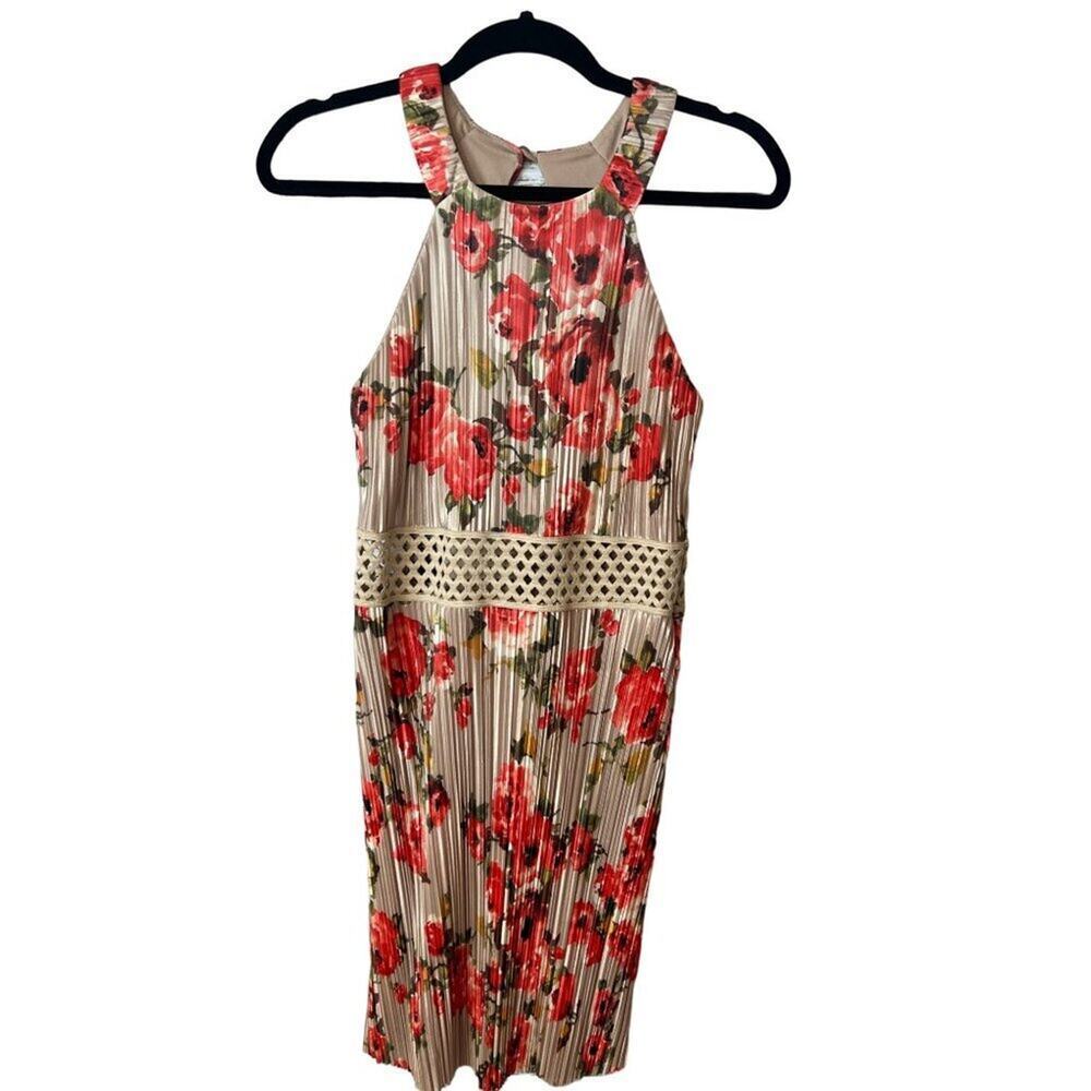 FLORAL SLEEVELESS COCKTAIL DRESS Crochet Knee Length Satiny Feminine